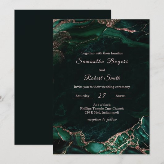 Invitation Mariage Vert Émeraude et Or Rose (Devant / Derrière)