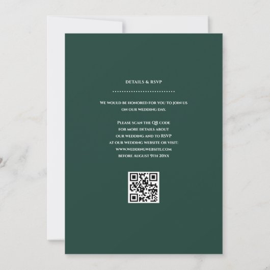 Invitation Mariage vert émeraude minimal Date QR Code (Dos)
