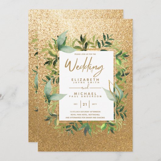 Invitation Mariage vert émeraude vert or moderne invite (Devant / Derrière)