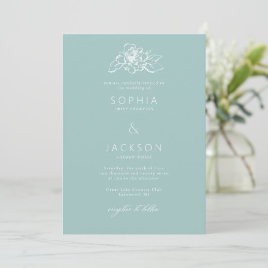 Invitation Mariage vert en mousse de mer en fleur simple (Debout devant)