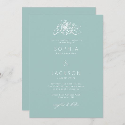 Invitation Mariage vert en mousse de mer en fleur simple (Devant / Derrière)