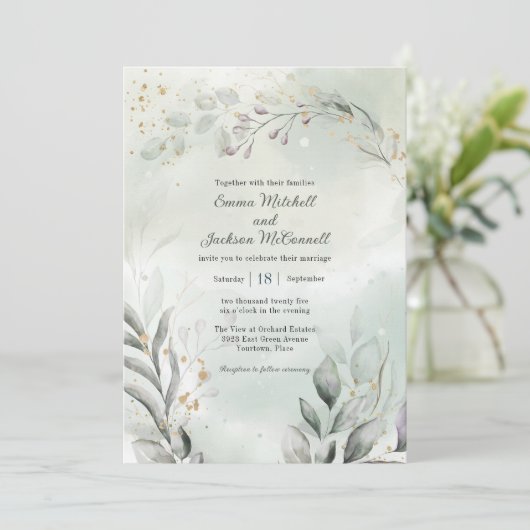 Invitation Mariage vert et or (Debout devant)