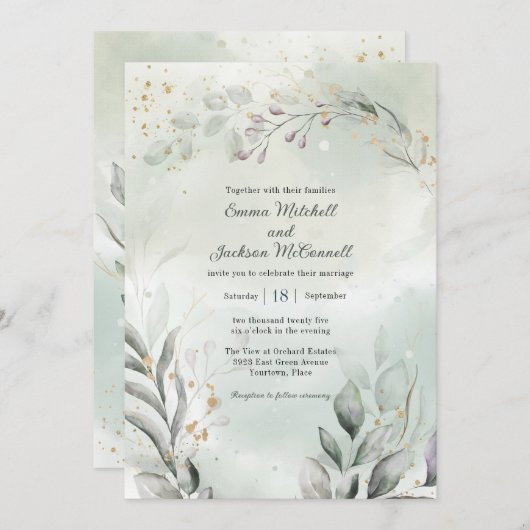 Invitation Mariage vert et or (Devant / Derrière)