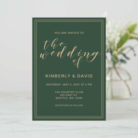 Invitation Mariage vert et or (Debout devant)