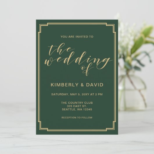 Invitation Mariage vert et or (Debout devant)