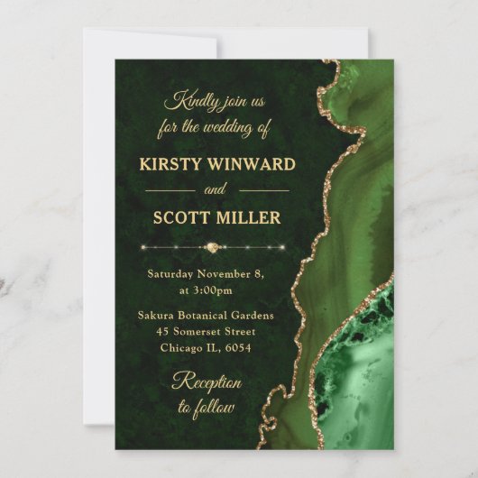 Invitation Mariage Vert et Or Paillettes Agate et marbre (Devant)