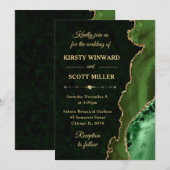 Invitation Mariage Vert et Or Paillettes Agate et marbre (Devant / Derrière)