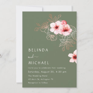Invitation Mariage vert et rose pastel de cerisier