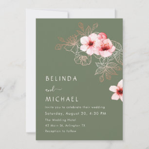 Invitation Mariage vert et rose pastel de cerisier