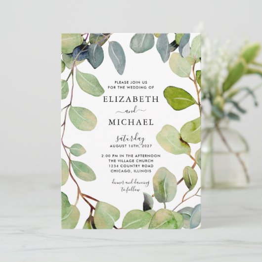 Invitation Mariage vert Eucalyptus à cadre feuilles (Debout devant)