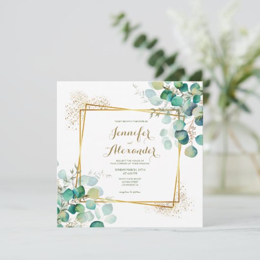 Invitation Mariage vert Eucalyptus Emerald Carré vert (Debout devant)