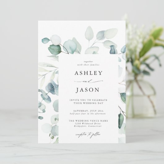 Invitation Mariage vert Eucalyptus léger et aéré (Debout devant)