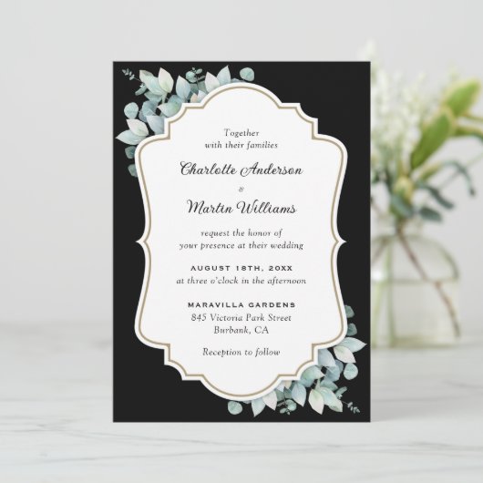 Invitation Mariage vert Eucalyptus noir (Debout devant)