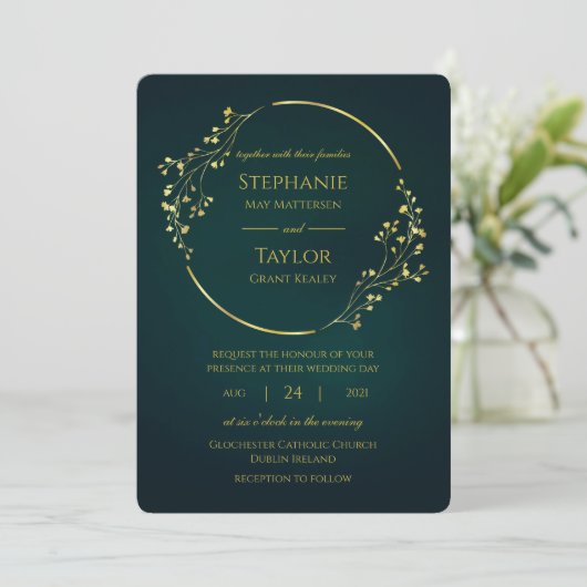 Invitation Mariage vert Eucalyptus Or moderne (Debout devant)