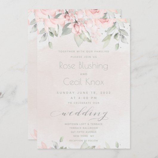 Invitation Mariage vert Eucalyptus Rose (Devant / Derrière)