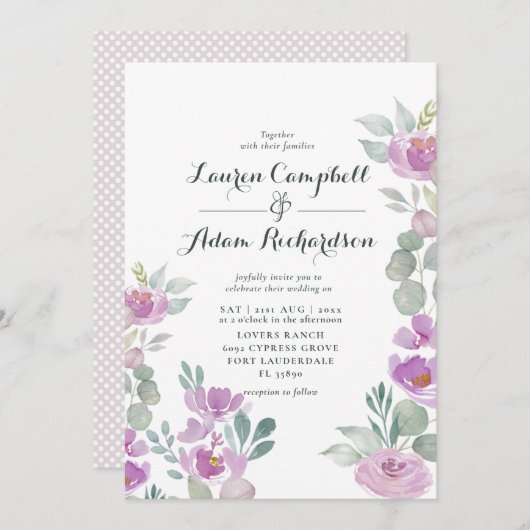 Invitation Mariage vert Eucalyptus rose Rustique (Devant / Derrière)