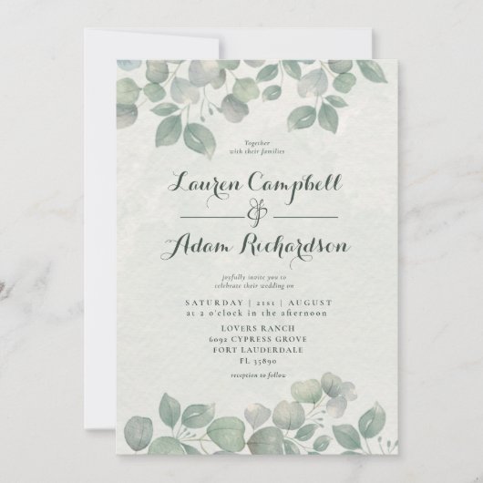 Invitation Mariage vert Eucalyptus Watericolor Sage (Devant)