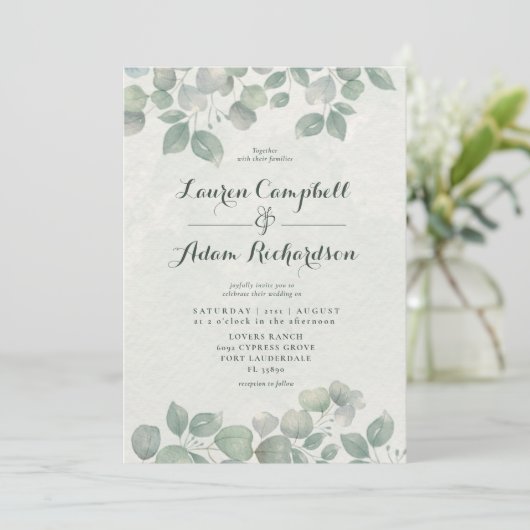Invitation Mariage vert Eucalyptus Watericolor Sage (Debout devant)