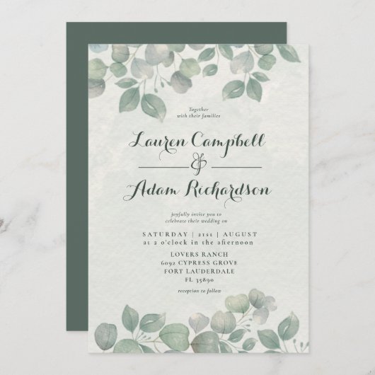 Invitation Mariage vert Eucalyptus Watericolor Sage (Devant / Derrière)