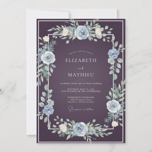 Invitation Mariage Vert Feuillage Acier Prune (Devant)