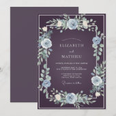 Invitation Mariage Vert Feuillage Acier Prune (Devant / Derrière)