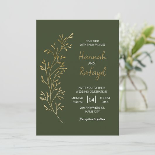 Invitation Mariage vert feuille or moderne simple (Debout devant)
