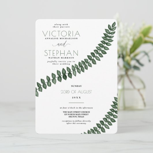 Invitation Mariage vert Feuille vert minimal moderne (Debout devant)