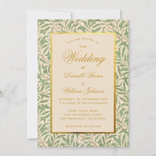 Invitation Mariage Vert Feuilles Faux Or Morris Willow (Devant)