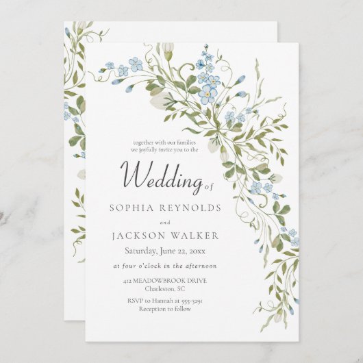 Invitation Mariage vert Fleur sauvage bleu printemps (Devant / Derrière)