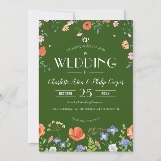 Invitation Mariage vert Fleur sauvage Boho classique (Devant)