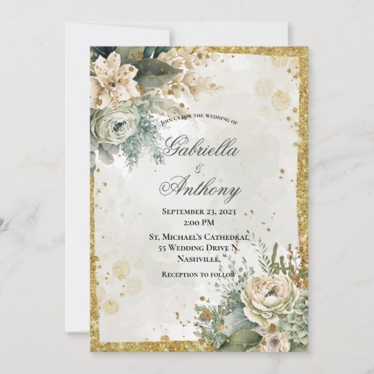Invitation Mariage vert Floral Or (Devant)