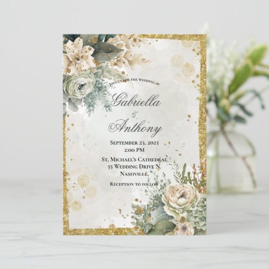Invitation Mariage vert Floral Or (Debout devant)
