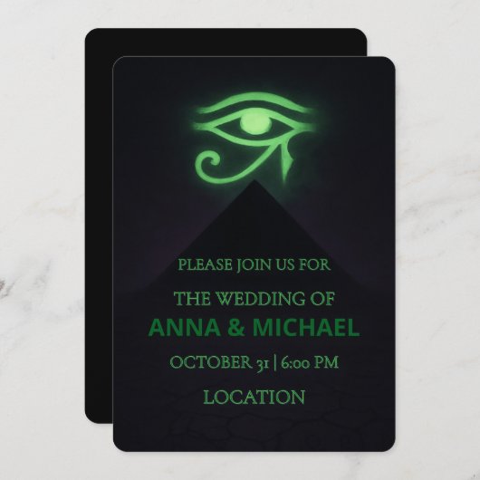Invitation Mariage vert foncé de l'oeil égyptien d'Halloween (Devant / Derrière)