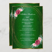 Invitation Mariage Vert foncé Or rose Fleurs rouges Classic (Devant / Derrière)
