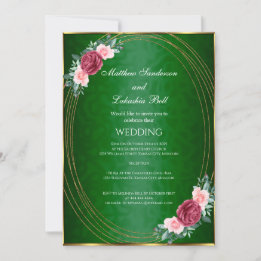Invitation Mariage Vert foncé Or rose Fleurs rouges Classic
