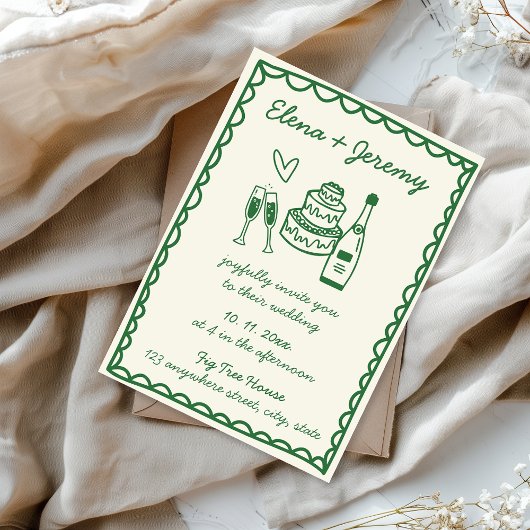 Invitation Mariage vert français Vintage illustré à la main