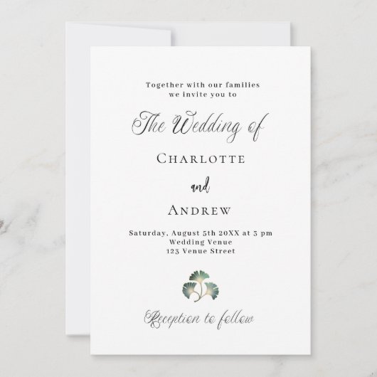 Invitation Mariage vert ginkgo feuille script simple (Devant)