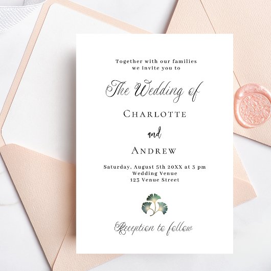 Invitation Mariage vert ginkgo feuille script simple