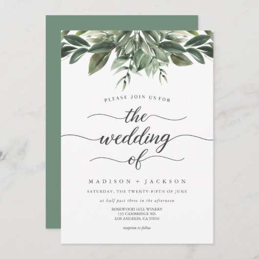 Invitation Mariage vert gracieux (Devant / Derrière)