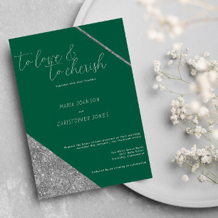 Invitation Mariage vert jade paillettes argent écriture class