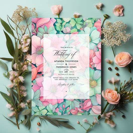 Invitation Mariage Vert Menthe, Rose Pâle et Gris Colombe