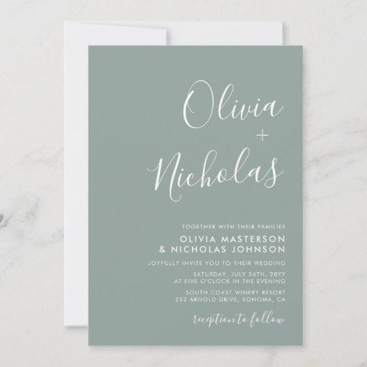 Invitation Mariage vert minimaliste de script moderne Monogra (Devant)