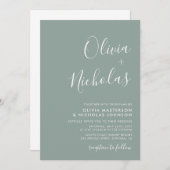 Invitation Mariage vert minimaliste de script moderne Monogra (Devant / Derrière)