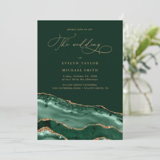 Invitation Mariage vert moderne Gold Agate (Debout devant)
