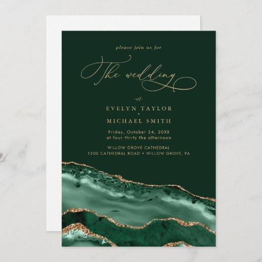 Invitation Mariage vert moderne Gold Agate (Devant / Derrière)
