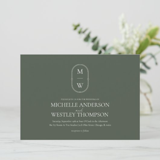 Invitation Mariage vert monogramme minimaliste (Debout devant)