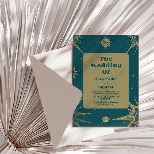 Invitation Mariage vert mystique Or Soleil Lune Astronomie Es