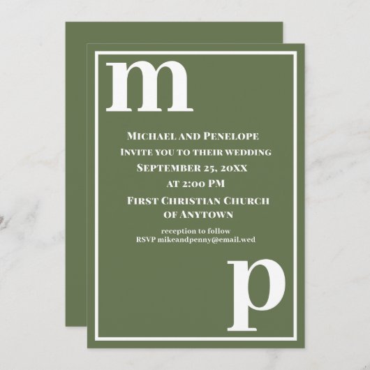 Invitation Mariage vert olive de Monogram mignon tendance (Devant / Derrière)