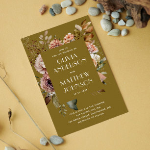 Invitation Mariage Vert Olive Doré Détails Floraux d'Automn