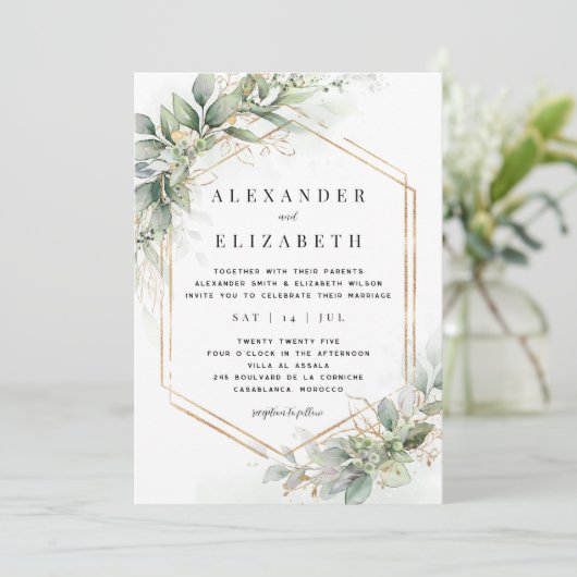 Invitation Mariage vert & or (Debout devant)